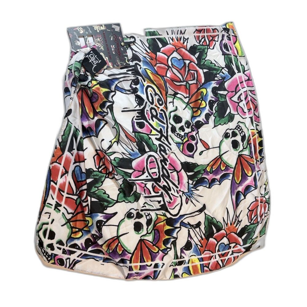 Ed Hardy Y2K Skull Butterfly Roses Logo Print Scarf NWT